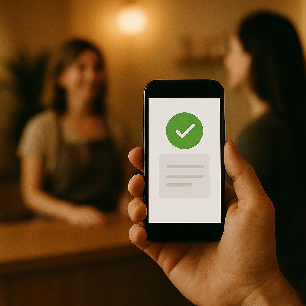A payment confirmed on a phone at the counter of a small business.