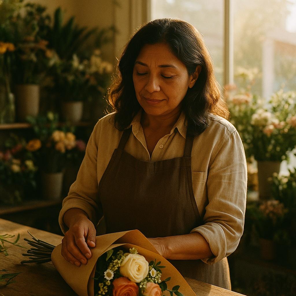 A florist wrapping a bouquet in her shop in the morning light.