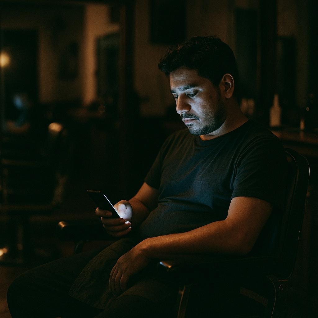 A barber sitting with his phone after closing time.